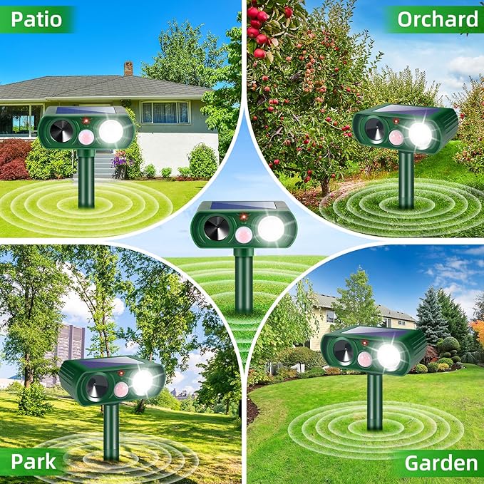 4 Pack Solar Ultrasonic Cat Deer Dog Possum Skunk Rodent Repellent Keep Pest Away Motion Activated with Flash Light for Yard Garden,IP65 Waterproof Squirrel Racoon Fortress Pro Animal Repeller Outdoor