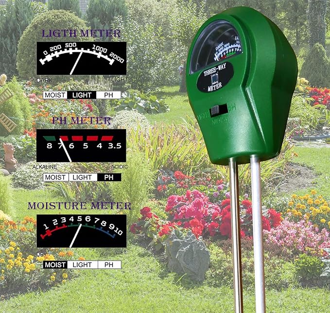 3-in-1 Soil Tester. Soil pH Meter + Moisture Meter +Light Tool for Garden Farm Lawn houseplants Indoor & Outdoor (No Battery Needed) Test Kit for Garde (3 in 1 New)