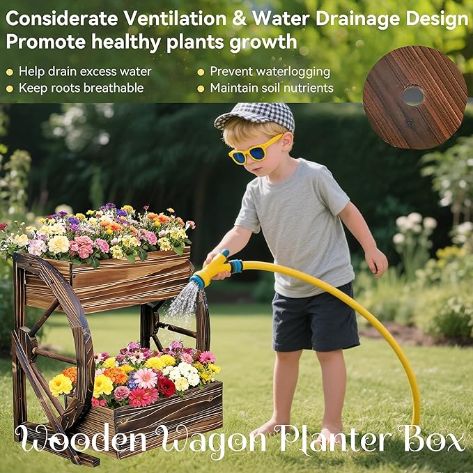 Wooden Wagon Garden Planter Box with Wheels-Indoor/Outdoor Decor for Patio, Backyard, Balcony-Country Farmhouse Flower Box-2 Tier Rustic Garden Raised Bed for Flowers, Herbs, Vegetables