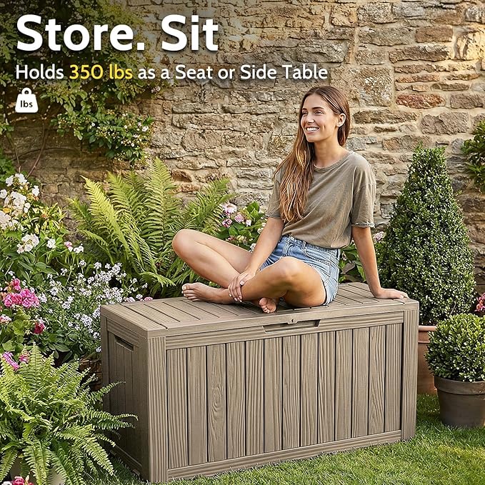 90 Gallon Deck Box Outdoor Storage Box Waterproof for Patio Furniture,Outdoor Cushions,Garden Tools and Pool Supplies,Lockable, Resin and Easy to Install Grey