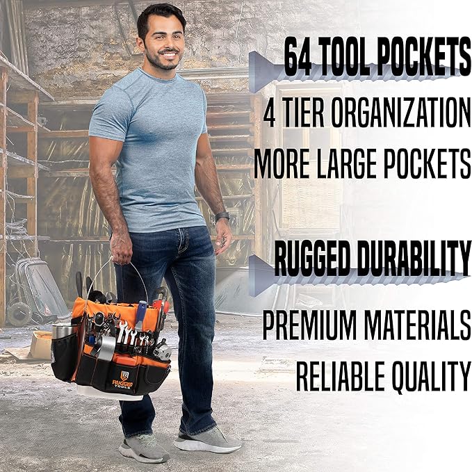 Rugged Tools Bucket Tool Organizer - 64 Pocket Bucket Caddy for 5 Gallon Buckets - Liner Insert for Construction, Garden, Carpenter