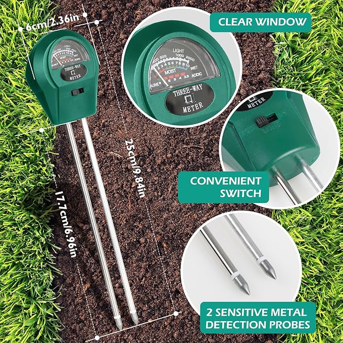 Soil Moisture 3-in-1, Soil Moisture/Light/pH Tester, No Battery Needed Soil Tester Gardening Tool for Indoor and Outdoor