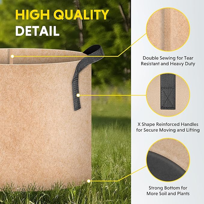 iPower 15 Gallon 5 Pack Grow Bags Nonwoven Fabric Pots Aeration Container with Strap Handles for Garden and Planting, 5-Pack Tan, 15 Gallon