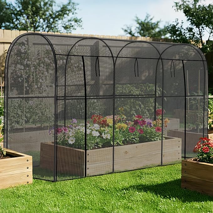 SUNYRISY Garden Plant Netting Crop Cage for Garden Raised Bed, 9.8 x 3.3 x 6 Ft Plant Cover Cage Protectors from Animal for Outdoor Plants with Frame and Zippered Door, Black