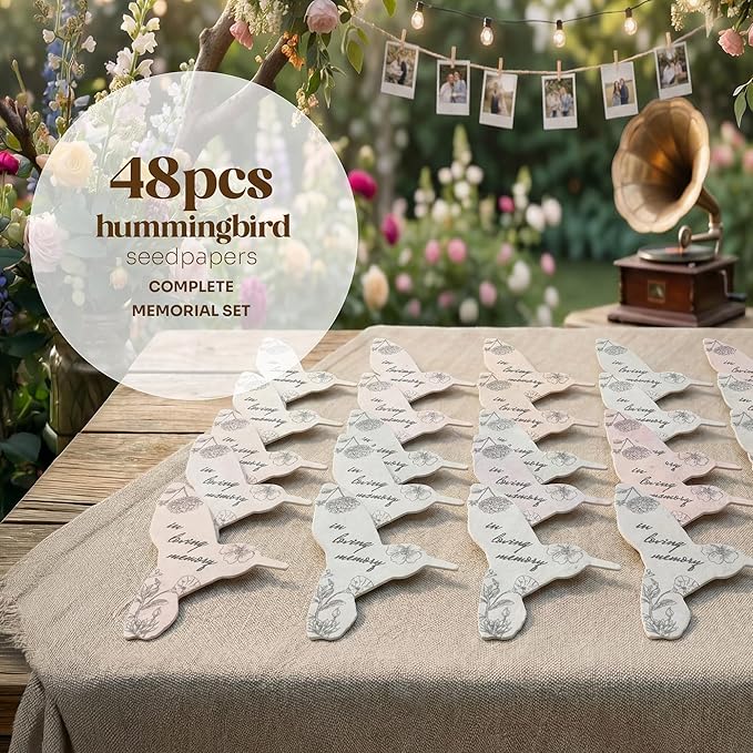 Plantable Wildflower Seed Paper - 48pcs Black & White Hummingbird-Shaped for Funeral Favors, Memorial Gifts, & Sympathy Gifts for Loss of Father and Mother, Loved Ones