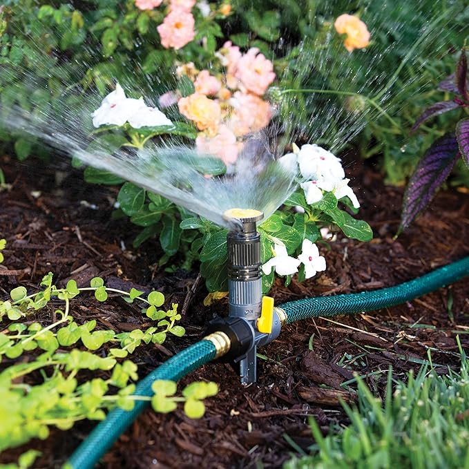 Melnor 65185AMZ Multi-Adjustable Spike Sprinkler, 3-Pack W/Quick Connect Bundle, Flow Through Base, Black, Grey, Yellow