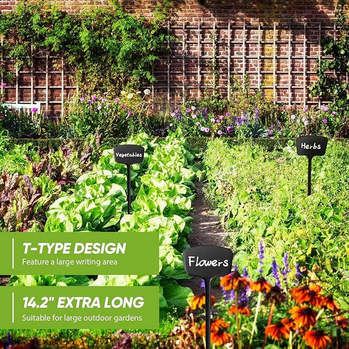 50 Pcs 14.2 Inch Plastic Plant Labels Tags T Type Plant Markers with Pen for Outdoor Indoor Garden Pot Herbs Flowers Vegetable (Black)