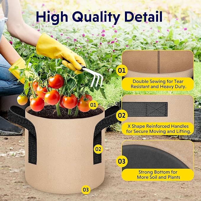 iPower 10-Pack 1 Gallon Plant Grow Bags Thickened Nonwoven Aeration Fabric Container Heavy Duty Durable Pots, Strap Handles for Garden, Tan
