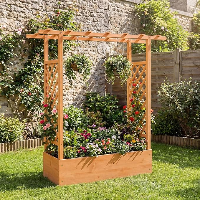 HAPPYGRILL Raised Garden Bed with Trellis & Hanging Roof, 45" Tall Wooden Planter Box with Drainage Holes, Outdoor Wood Elevated Garden Bed for Climbing Plants Vines Vegetables Flowers (Orange,2)