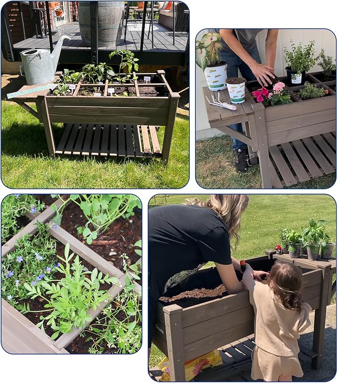Raised Garden Bed Outdoor with Wheels, 52.7" Elevated Wooden Garden Bed with 8 Planter Boxes, Removable Dividers, Storage Shelf, Standing Mobile Planter with Non-Woven Liner