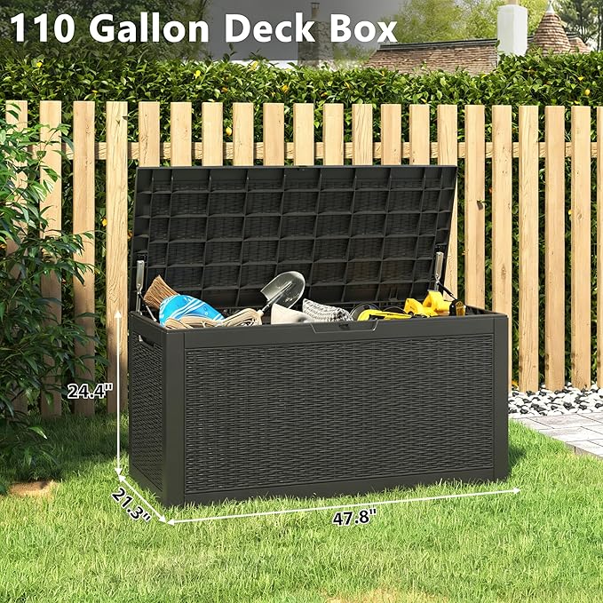 Oudoor Storage Deck Boxes Waterproof, Waterproof and UV Resistant Outdoor Storage Box Lockable Lid for Delivery Box, Indoor, Garden Tools, Pool Supplies, Patio (Black, 110 Gallon)