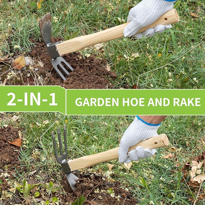 Hoe and Cultivator Garden Rake.1Pcs Hoe and Cultivator Hand Tiller, 1 Pair Gloves,1 Anti-Slip Sweat-Absorbing and Wear Hand Gel. for Digging, Loosening Soil, Weeding, Cultivating