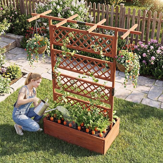 Giantex Raised Garden Bed with Trellis, 72'' Wooden Planter Box Outdoor w/Privacy Screen Roof, Large Vertical Garden Planter w/Drainage Holes for Climbing Plants, Patio Balcony Backyard