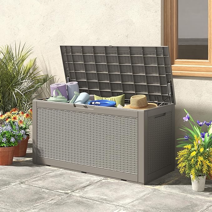 Outdoor Storage Box, Resin Deck Boxes Indoor and outdoor, Waterproof Storage Box Lockable Lid (Grey, 100 Gallon)
