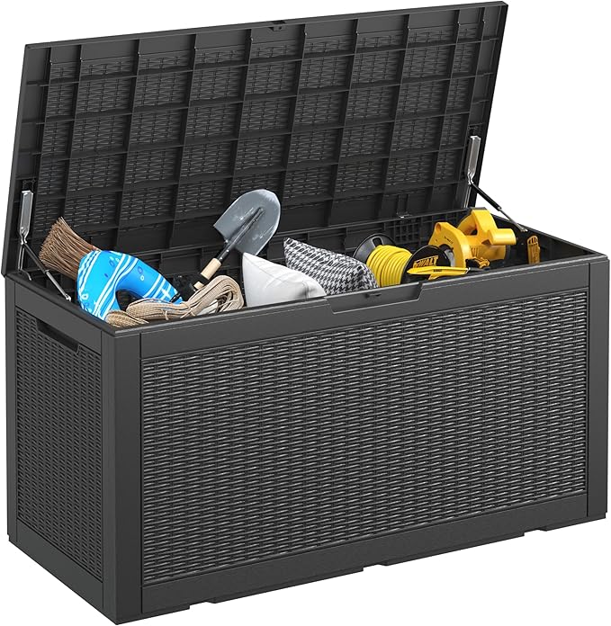 Oudoor Storage Deck Boxes Waterproof, Waterproof and UV Resistant Outdoor Storage Box Lockable Lid for Delivery Box, Indoor, Garden Tools, Pool Supplies, Patio (Black, 110 Gallon)