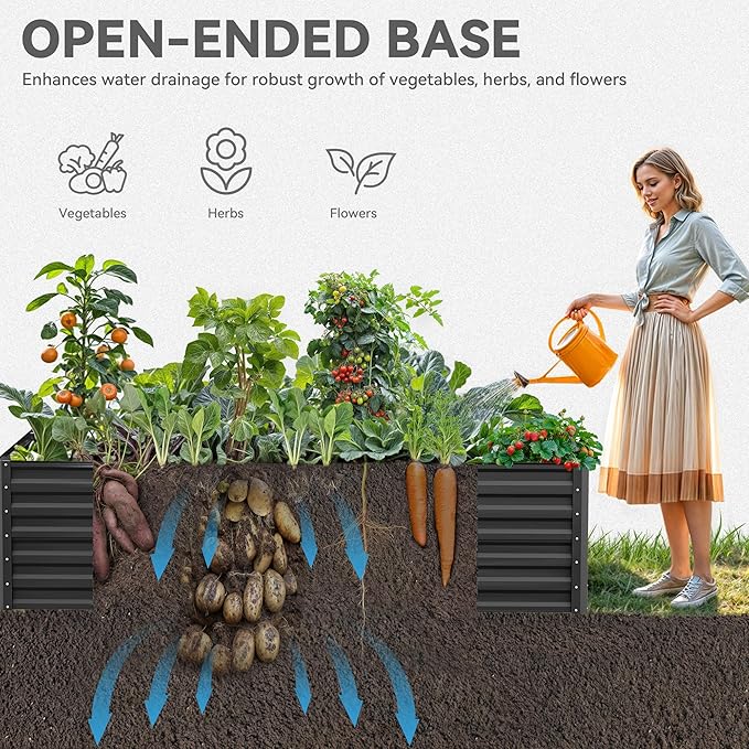 DWVO 8 x 4 x 2 FT Raised Garden Bed Kit, Outdoor Galvanized Flower Bed with Safety Rubber and Gloves, Large Metal Planter Box for Vegetables, Flowers, Herbs, Fruits, Black