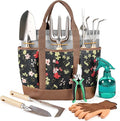 10 Pcs Heavy Duty Stainless Steel Garden Tool Set with Ash Wood Handle, Rust-Proof Gardening Gifts for Women & Men, Includes Pruner, Weeder & Multi-Pocket Storage Tote Bag (Brown)