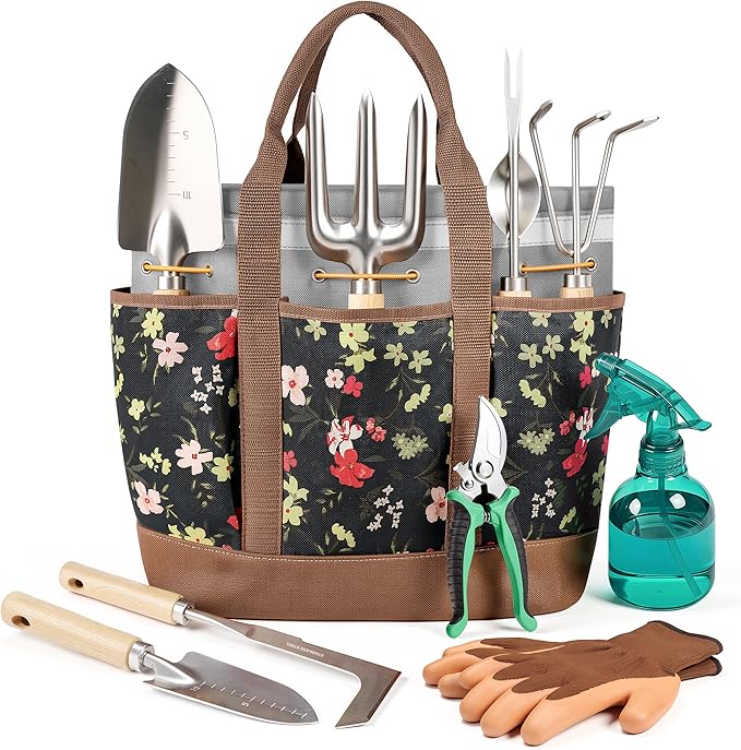 10 Pcs Heavy Duty Stainless Steel Garden Tool Set with Ash Wood Handle, Rust-Proof Gardening Gifts for Women & Men, Includes Pruner, Weeder & Multi-Pocket Storage Tote Bag (Brown)