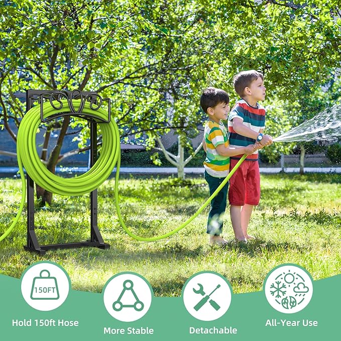 Garden Hose Holder Reel, Upgraded Metal Hose Reels Holds 150ft Hose, Heavy Duty Freestanding Water Hose Holders, Detachable Hose Storage Hanger for Outside - Flower Vine