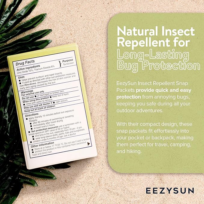 SPF 50 Sunscreen and Insect Repellent Snap Packets - Sunscreen Travel Size Bug Repellent with Citronella Oil, Lemongrass, and Neem Oil - Reef-Safe Repellent - 10 Snap Packets (0.27 fl oz each)