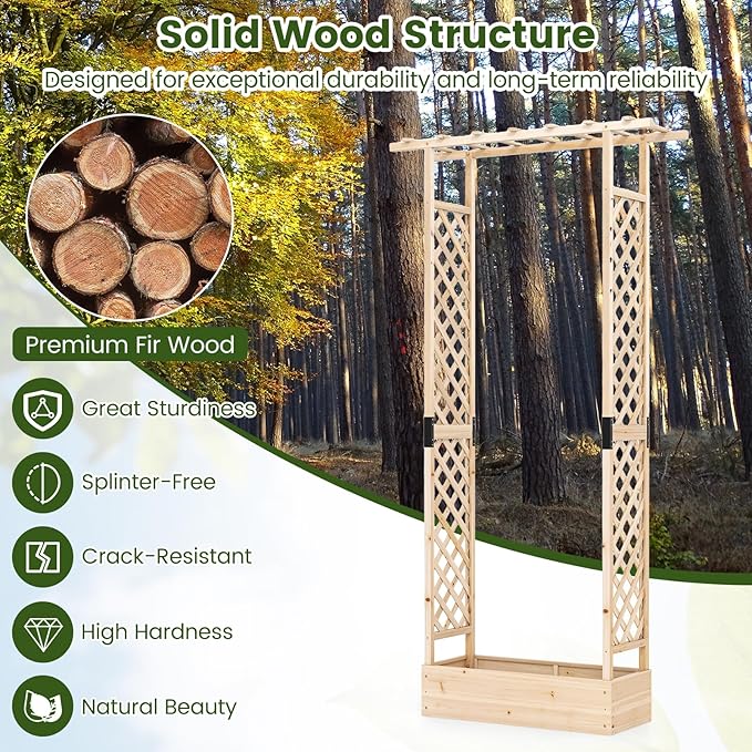 S AFSTAR Raised Garden Bed with Trellis, 2-in-1 Fir Wood Planter Box with Flat Roof & Drainage Holes, Vertical Planter Raised Bed for Climbing Plants, Flowers & Vegetables, 43" x 14" x 89" (Natural)