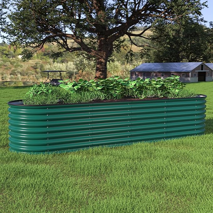 VEIKOU 8ftx2ftx2ft Raised Garden Bed Outdoor for Vegetables, 9-in-1 Galvanized Metal Planter Box with 4 Support Rods, 23.1''H Modular Garden Bed Kit Oval for Herbs and Flowers, Green