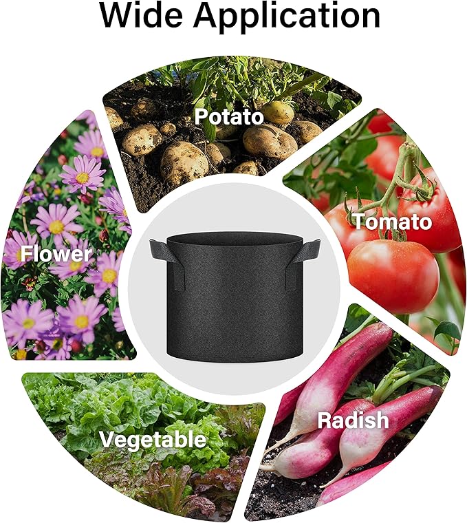 HealSmart Plant Grow Bags 5 Gallon, Tomoato Planter Pots 5-Pack with Handles, Aeration Nonwoven Fabric, Heavy Duty Gardening Planter for Vegetable, Herbs and Flowers, Black