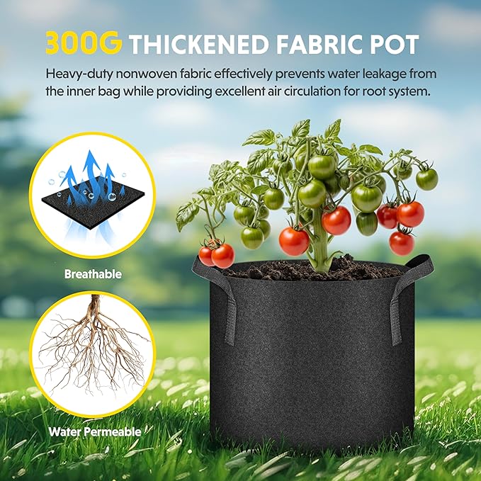 iPower 12-Pack 10 Gallon Grow Bags Heavy Duty Thickened Aeration Nonwoven Fabric Pots with Nylon Handles and 12 Labels for Planting Vegetables, Fruits, Flowers, Black