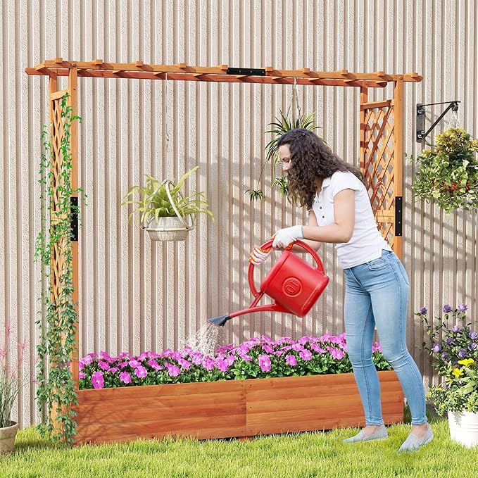 S AFSTAR 77-Inch Raised Garden Bed with Arch Trellis, Hanging Roof & Drainage Holes, Vertical Plant Container for Vine Climbing Plant Flower, Indoor Outdoor Wood Elevated Planter Box for Garden