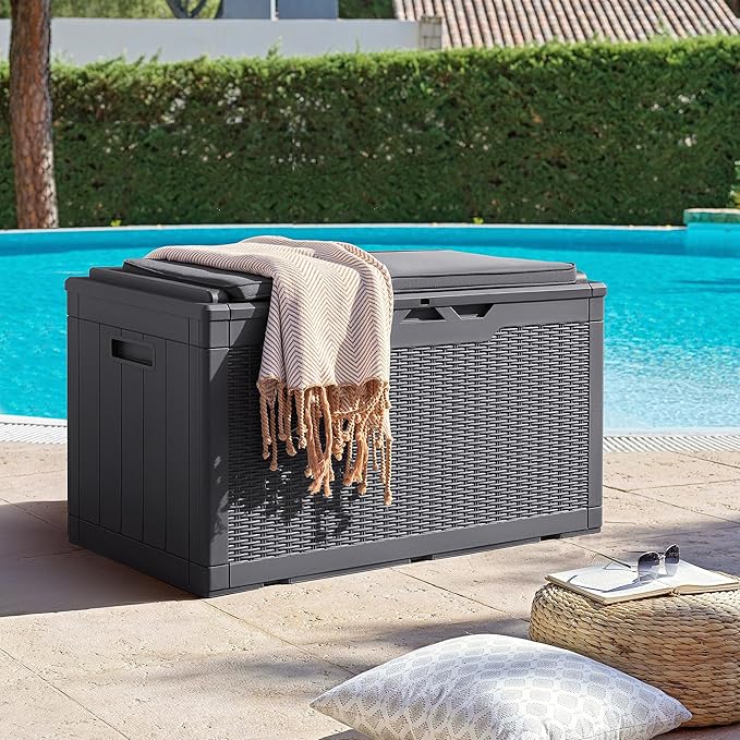 Flamaker Deck Box with Cushion 98 Gallon Waterproof Resin Storage Box with Air Rod Indoor Outdoor Lockable Storage Bench for Patio Furniture, Tools, Pool Accessories (Gray)