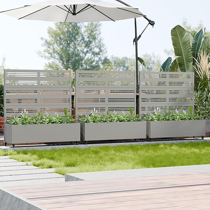 Casaphoria Metal Raised Garden Bed with Trellis and Wheels, 47"x47"x16" Planter Box for Climbing Plants, Vegetables & Vines, Features Drainage Holes and Privacy Screen, Grey-Harold
