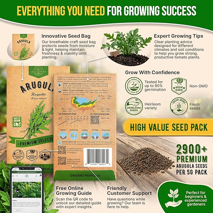Organo Republic Arugula Roquette Seeds Pack 5G - Over 2900 Non-GMO Heirloom Arugula Seeds for Planting Greens in Individual Seed Packet, Greens Seeds for Planting Home Garden Indoor & Outdoor Garden