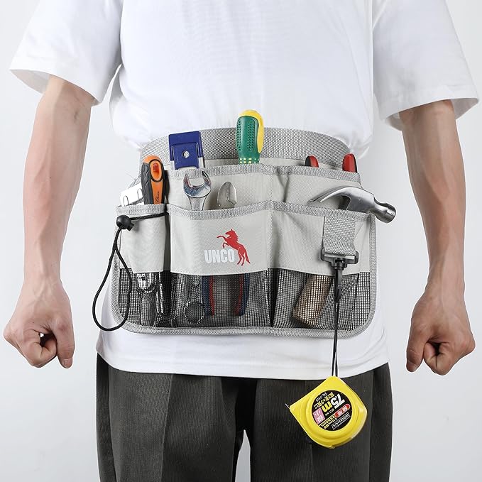 UNCO- Adjustable Gardening Belt, Light Gray, 7 Pockets, Wear Resistant, Cut Resistant, Water Resistant, Garden Tool Belt Pouch, Waist Apron with Pockets