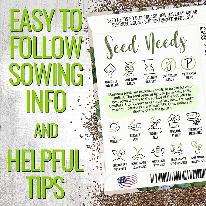 Seed Needs Sweet Marjoram Seeds for Planting - Heirloom, Non-GMO & Untreated - Perennial Culinary & Medicinal Herbs for Indoor/Outdoor Growing (2 Packs)