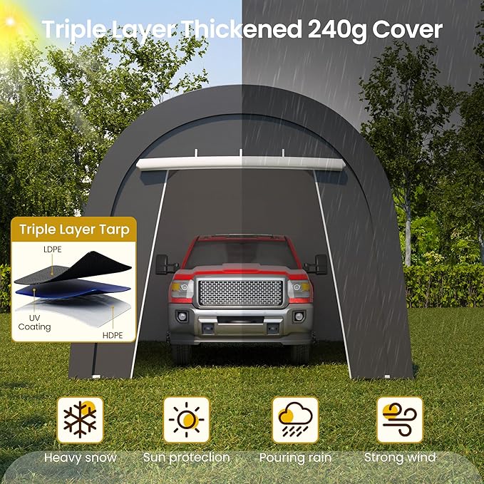 Domed Carport with 4 Cloth Bags, Portable Garage with 2 Roll-up Doors, Heavy Duty Car Canopy Party Tent, All-Season Storage Shelter Shed for Cars, Truck, or Garden Tools, 10' x 20'