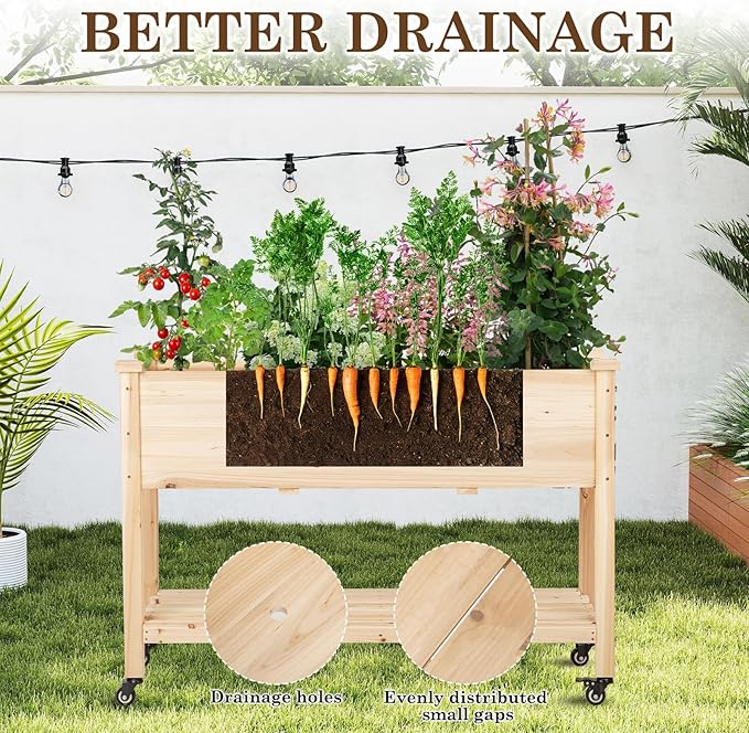 Raised Garden Bed with Lockable Wheels, 48x24x32 inch Elevated Wood Planter with Storage Shelf Protective Liner for Vegetable Flower Herb Outdoor Balcony Patio Backyard, Natural