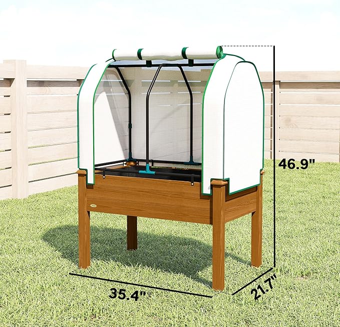 Outsunny Raised Garden Bed with PE Greenhouse Cover Outdoor Elevated Wood Planter Box for Herbs and Vegetables, Use for Patio, Backyard, Balcony, 35 x 22 x 47 inch, Brown