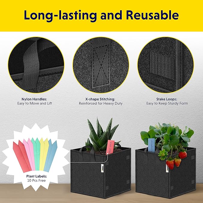 iPower GLGROWBAGCUBIC3X5 20 Pack 3 Gallon Square Grow Bags Thick Fabric Planting Pots with Handles for Indoor and Outdoor Garden, Black