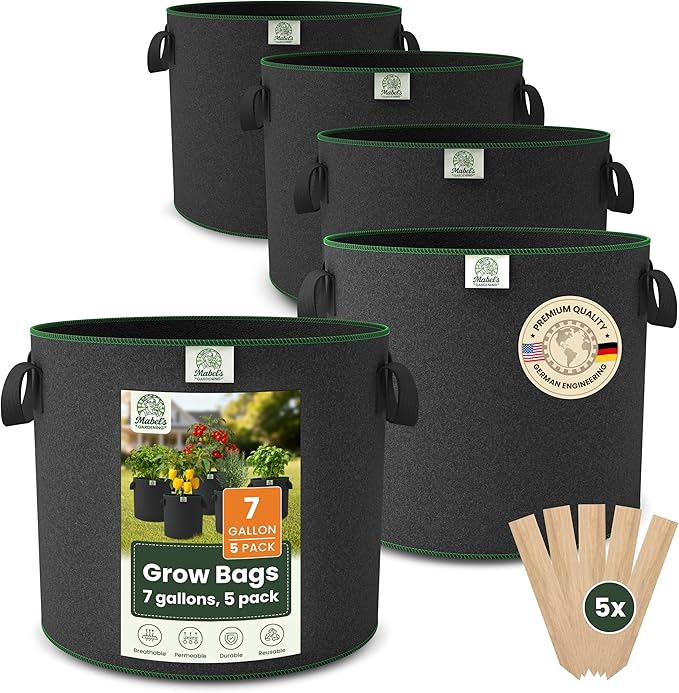 Mabel's Gardening 5-Pack 7 Gallon Grow Bags - Garden Planting Bags 13.4 x 11.4 INCH Made of 8.85 oz/yd² (300g/m²) Felt & Fleece Fabric Plant Pot, Plant Bag, Grow Bag for Cucumber Tomato Zucchini