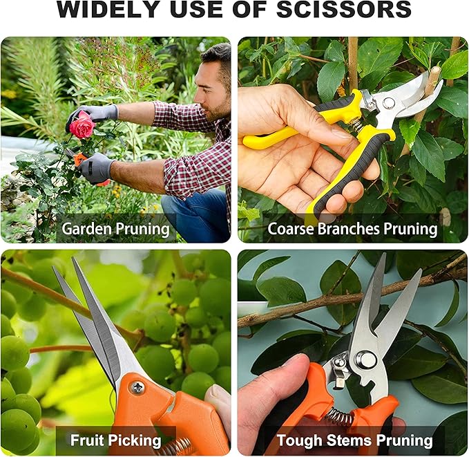 3 Pack Stainless Steel Garden Shears Pruning Set, Bypass, Serrated, and Straight Blade Scissors for Trimming Flowers, Branches, Stems - Perfect Pruners for Gardening & Plant Care
