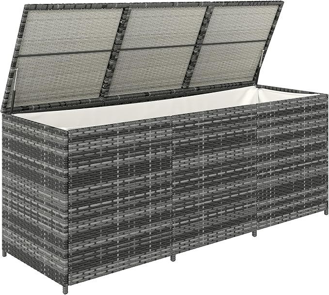 Outsunny 175 Gallon Outdoor Storage Box with Inner Liner, PE Rattan Wicker Deck Box with Pneumatic Bar Lift for Indoor & Outdoor, Patio Furniture Cushions, Pool Supplies, Garden Tools, Mixed Gray