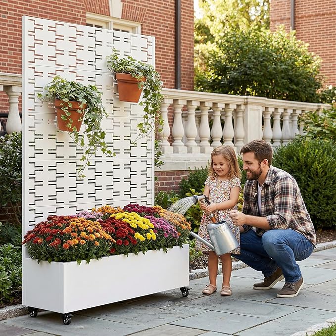 Casaphoria Metal Raised Garden Bed with Trellis and Wheels, 72"x47"x16" Arched Planter Box for Climbing Plants, Vegetables & Vines, Features Drainage Holes and Privacy Screen, White-Brick