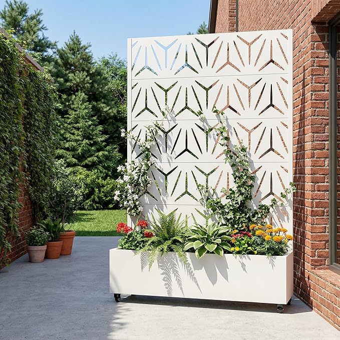 Casaphoria Metal Raised Garden Bed with Trellis and Wheels, 72"x47"x16" Arched Planter Box for Climbing Plants, Vegetables & Vines, Features Drainage Holes and Privacy Screen, White-Star