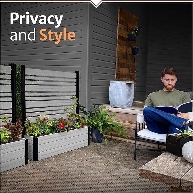 44in H x 46in W x 9.5in L (1 Screen w/Planter) Freestanding Enclo Florence Privacy Fence Screen with Planter Box, Outdoor Vinyl Privacy Screen Panel for Patio & Air Conditioner, EC18007