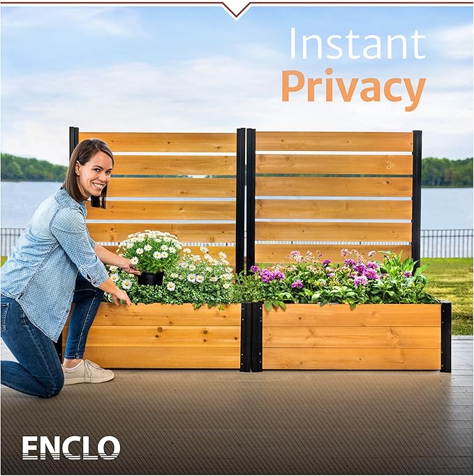 4ft H x 3.4ft W x 1.5ft L (1 Screen w/Planter) Freestanding Enclo Cedar Wood Privacy Fence Screen with Planter Box, Outdoor Wood Privacy Screen Panel for Patio, Raised Garden Bed, AZ18040