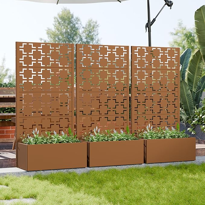 Casaphoria Metal Raised Garden Bed with Trellis, 59"x30"x12" Planter Box for Climbing Plants, Vegetables & Vines, Features Drainage Holes and Privacy Screen, Brown-Square