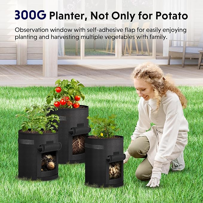 iPower Potato Grow Bags with Flap 6 Pack 10 Gallon, Garden Planting Pot with Durable Handle and Harvest Window, Thickened Nonwoven Fabric Container for Potato, Tomato, Vegetable, Carrot and Fruits