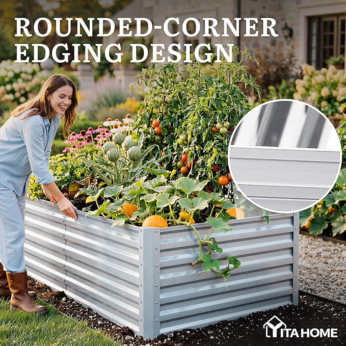YITAHOME 6x3x2 ft Galvanized Raised Garden Bed Kit, Large Metal Planter Box with Gloves & Support Rod, Outdoor Flower Bed for Plants Vegetables, Silver
