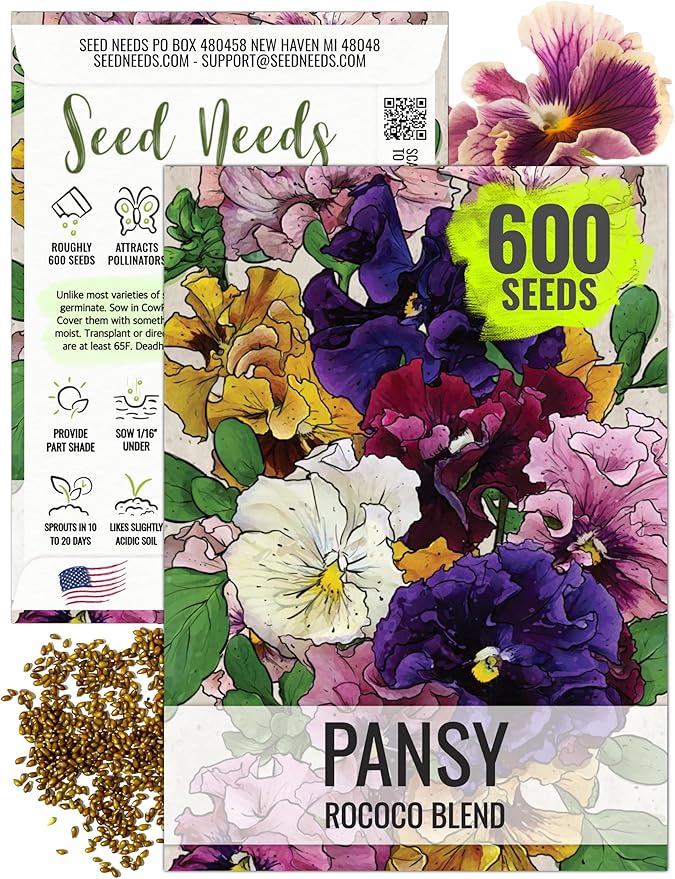 Seed Needs, Rococo Pansy Seeds - 600 Heirloom Seeds for Planting Viola Germania - Colorful Blooms for an Outdoor Flower Garden, Attracts Pollinators (1 Pack)