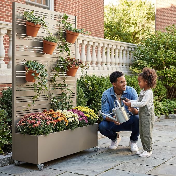 Casaphoria Metal Raised Garden Bed with Trellis and Wheels, 72"x47"x16" Arched Planter Box for Climbing Plants, Vegetables & Vines, Features Drainage Holes and Privacy Screen, Grey-Harold